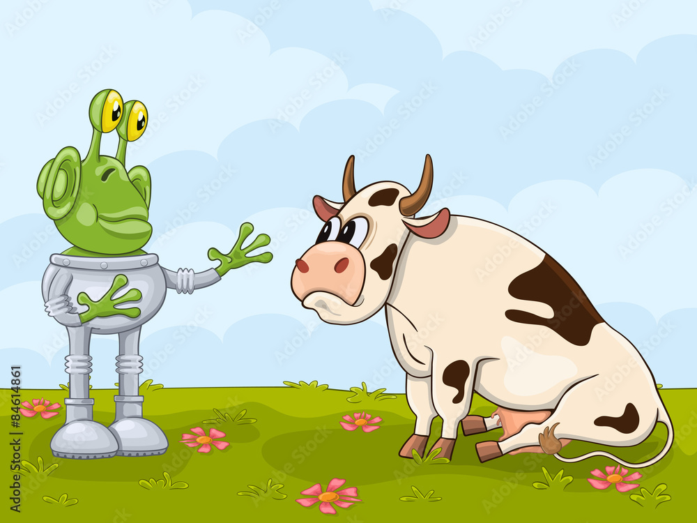 Amazed alien meets cow for the first time Amazed alien meets cow for the first time