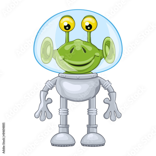 Funny cartoon alien in spacesuit on white background