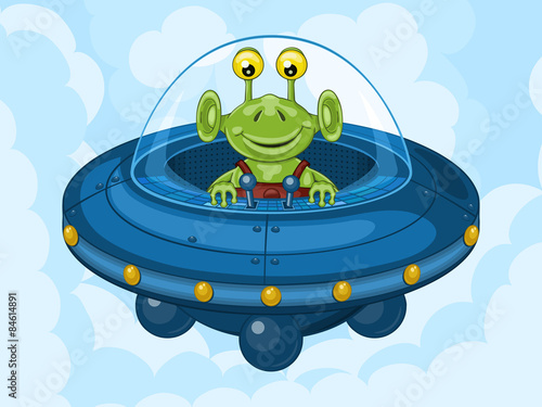 Smiling alien drives his UFO machine. Funny cartoon character
