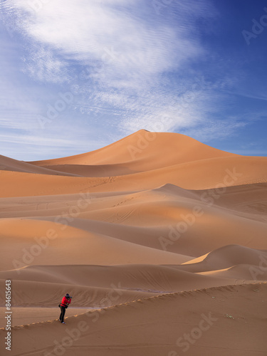 Woman Traveler looking through camera in sahara desert