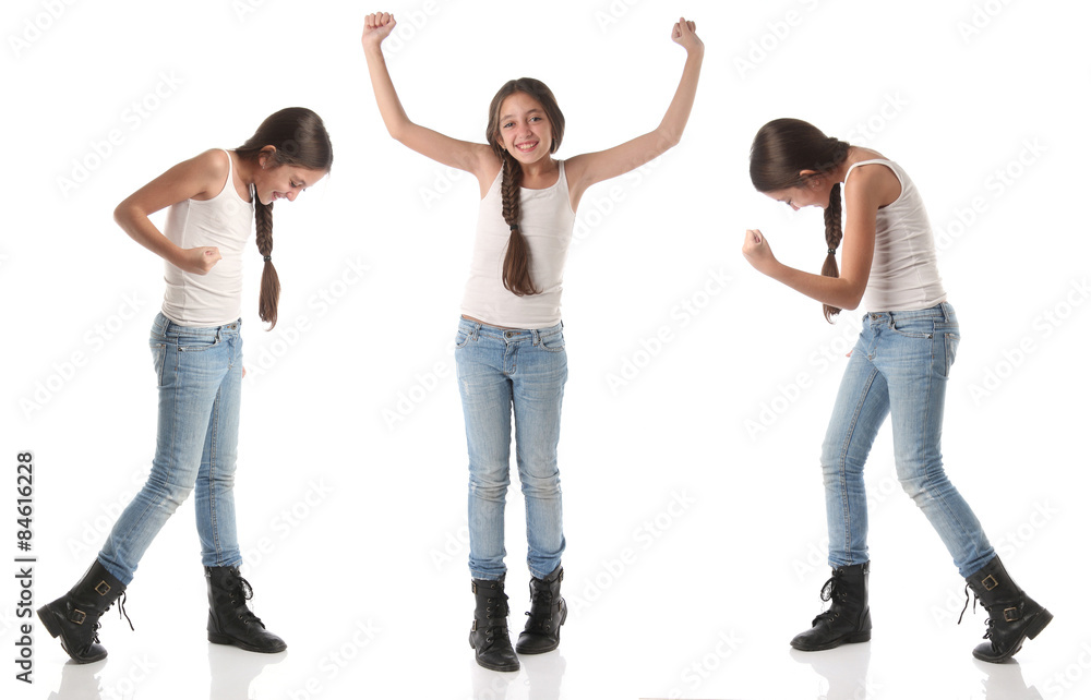 Obraz premium Collage of a young girl celebrating a victory. Isolated on white