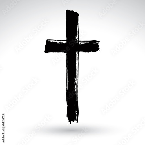 Hand drawn black grunge cross icon, simple Christian cross sign,