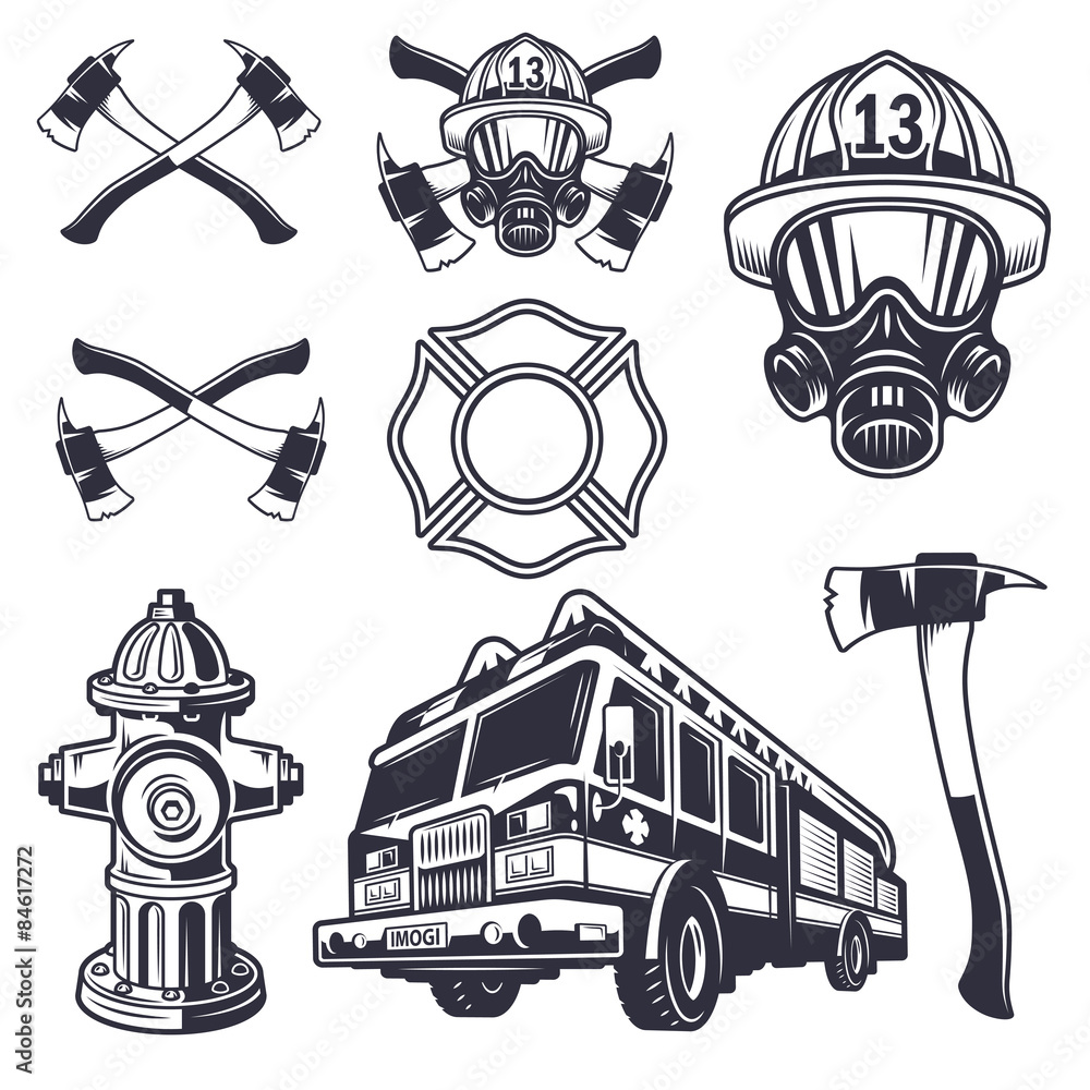 Set of designed firefighter elements Stock Vector | Adobe Stock