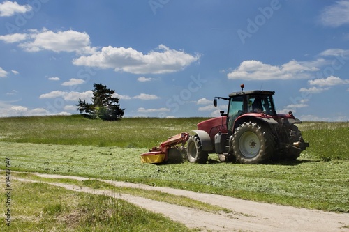 Summer day  red tractor mows the lawn for animal feed on the farm.