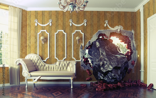 Meteorite in the room. 3d creative concept