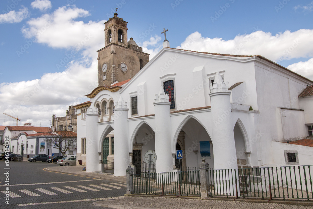 Outdoor view of the beautiful church of Matriz de Santa Maria da Feira located in Beja, Portugal.