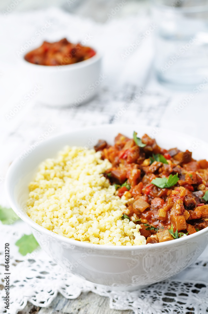 buttered millet with tomato eggplant curry buttered millet with tomato eggplant curry