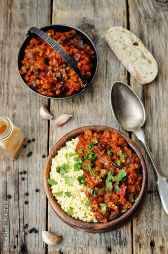 buttered millet with tomato eggplant curry