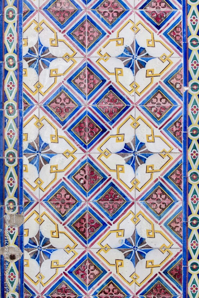 Texture view of a pattern of portuguese ceramic azulejo tiles.