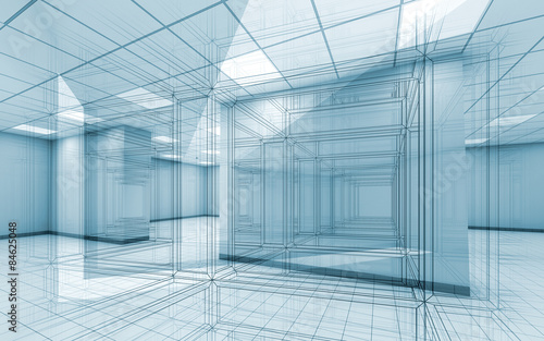 Office room interior background with wire-frame lines