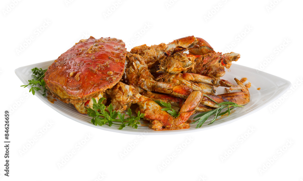 Spicy cooked crab ready to serve on white background Spicy cooked crab ready to serve on white background