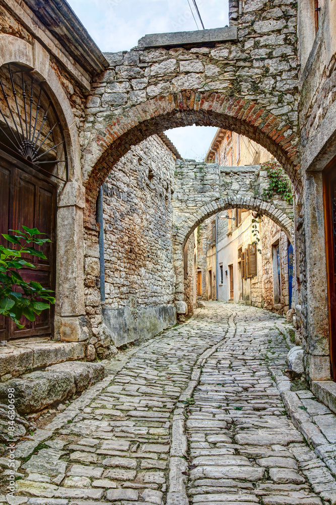 Typical street in hilltop town of Bale or Valle in Istria, Croatia