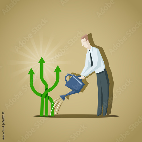 Businessman trying to grow up a business indicators. Raise of bu