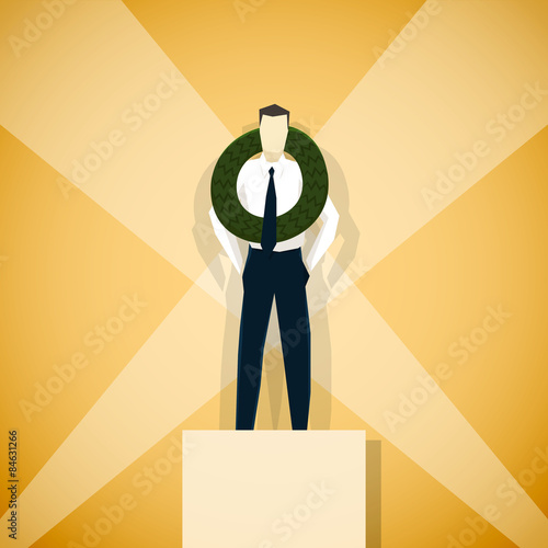 Businessman winner of competition, is standing on pedestal
