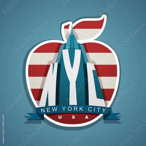 New York city vector emblem with skyscraper, ribbon and big appl