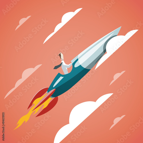 Success in business - Businessman is flying on the rocket up in