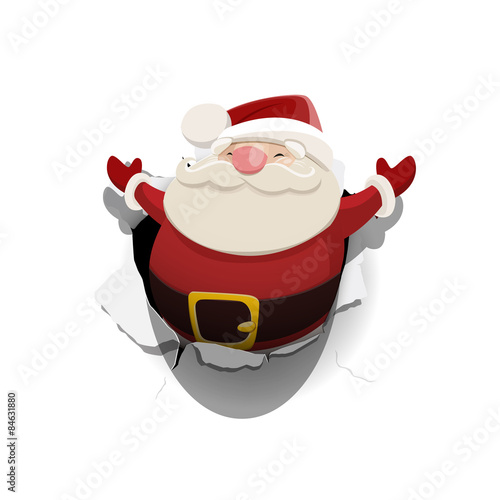 Vector Santa Claus leaned out of the hole in paper isolated on w