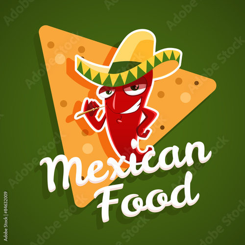 Vector emblem of mexican food with red chili pepper and nachos