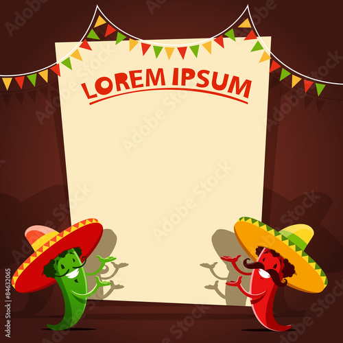 Two funny red and green chili peppers and poster template