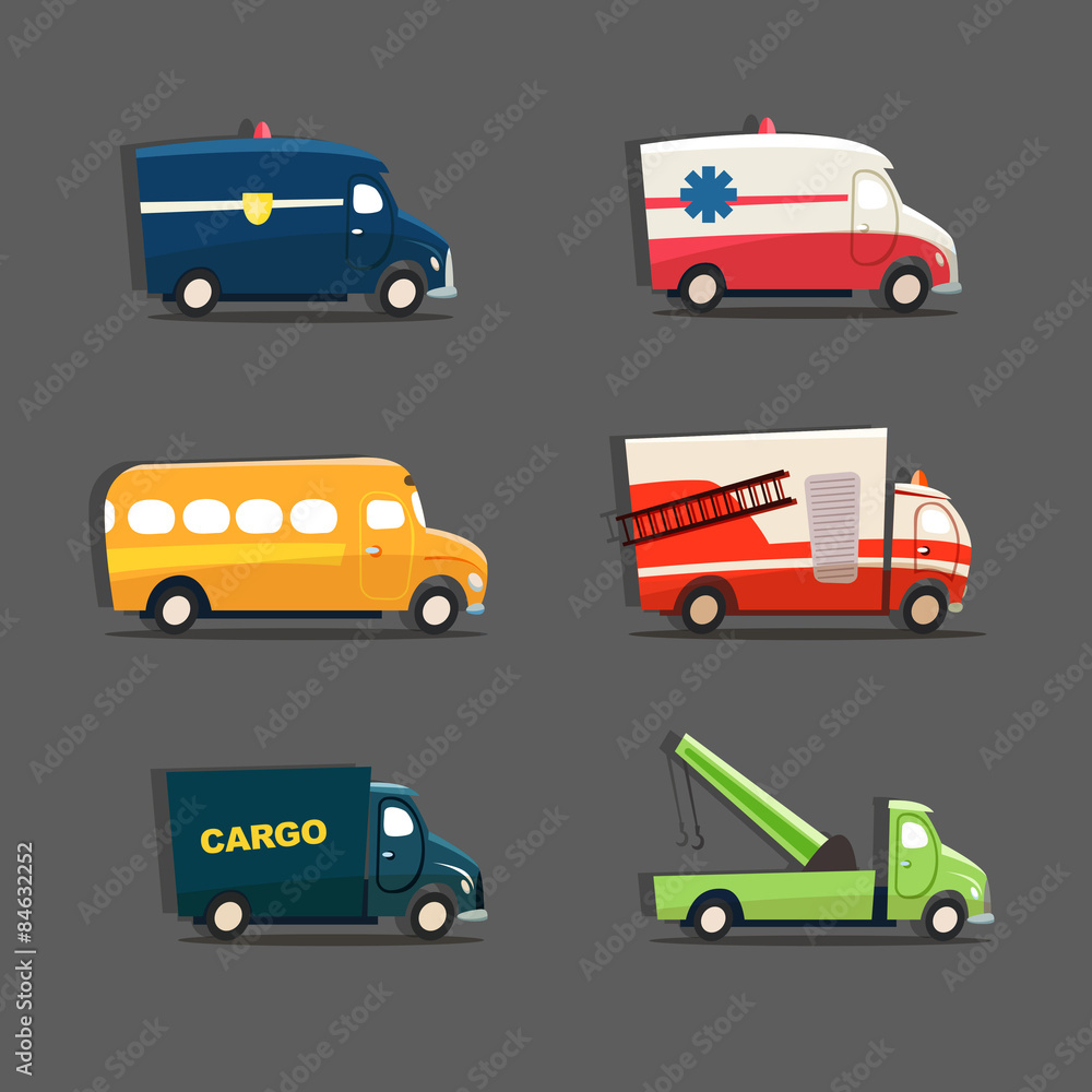 Vector set of urban vehicles featuring police car, ambulance, sc Vector set of urban vehicles featuring police car, ambulance, sc