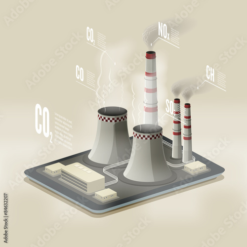 Vector isometric illustration of a plant polluting air. Environm