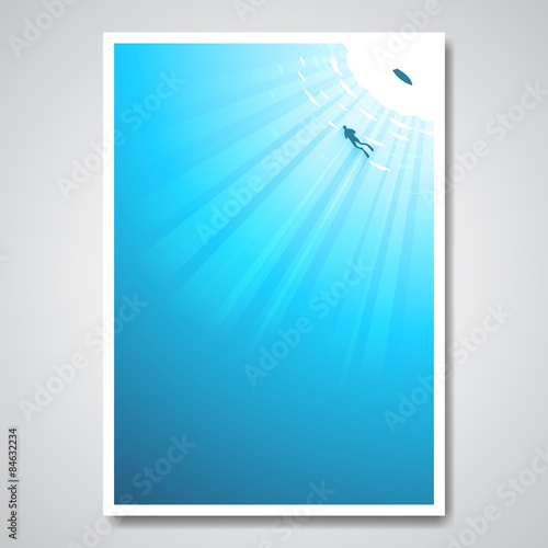 Vector poster with diver in the sea and sun rays pass through th