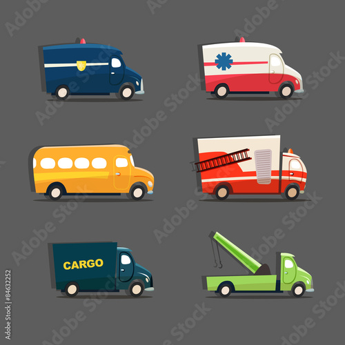 Vector set of urban vehicles featuring police car, ambulance, sc