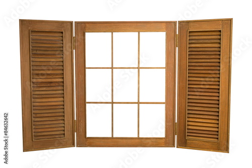 Opened Wooden Window Isolated on White Background  With Copy Spa