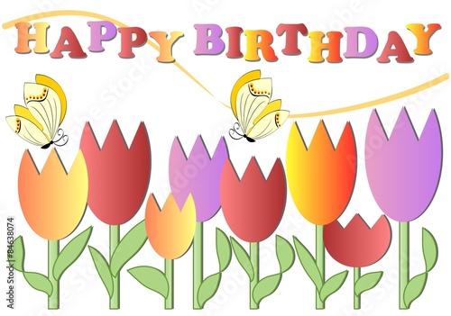 Happy birthday poster with colorful flowers and butterflies, eps 10 vector