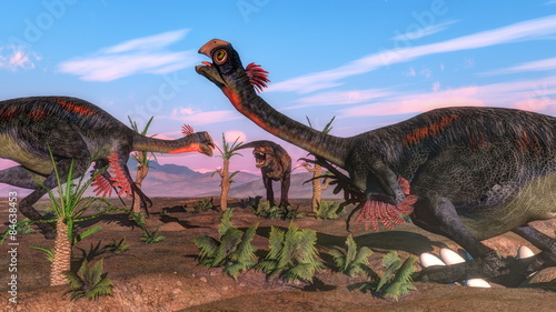 Tyrannosaurus rex attacking gigantoraptor dinosaur and eggs - 3D © Elenarts