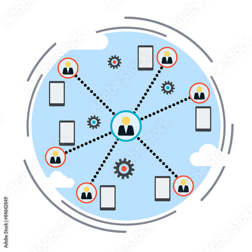 Workgroup, social network, co-working, distant work flat design style vector concept