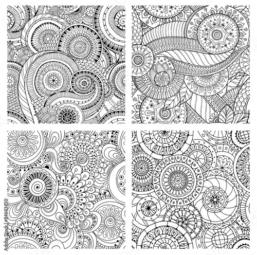 Set of seamless pattern with flowers. Ornate zentangle textures. photo