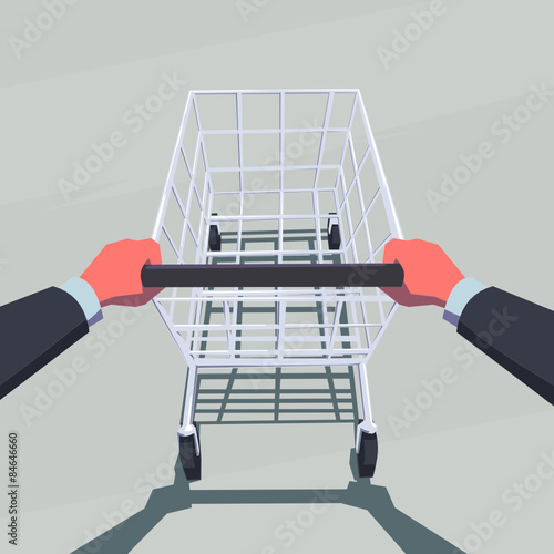 Male hands pushing empty shopping cart. Retro style illustration. Personal point of view. Layered file.
