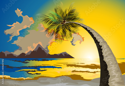 Beautiful palm trees on the beach,vector seascape background