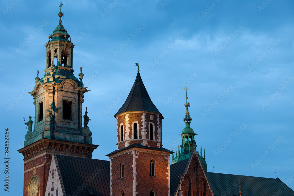 Towers of the Wawel Cathedral in Krakow at Night