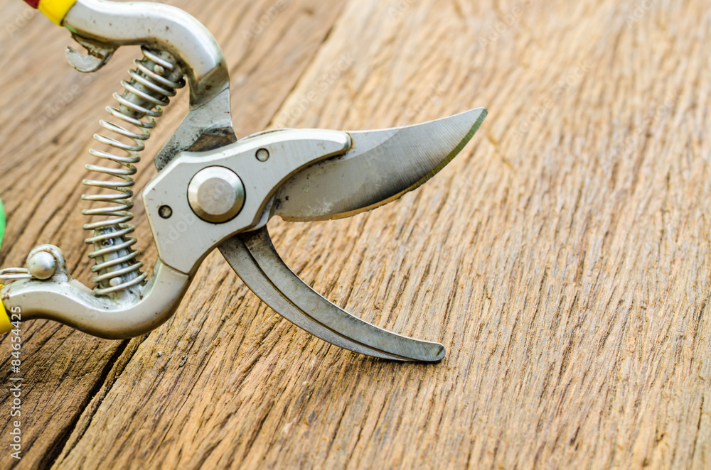 Close up of garden secateurs on old wooden table Close up of garden secateurs on old wooden table