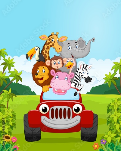 Cartoon collection animal vacation with red car.