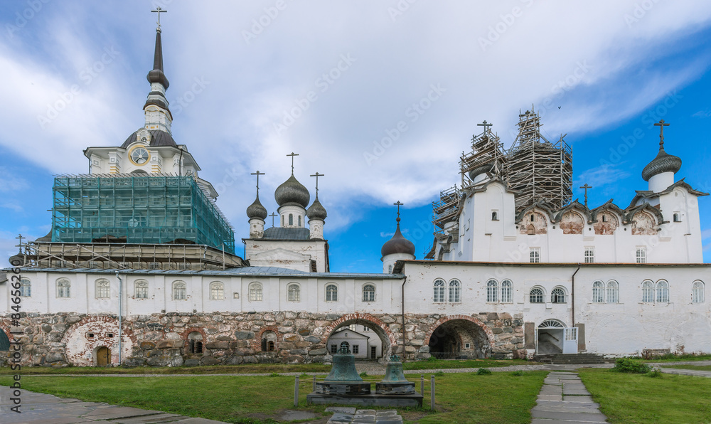 View of the gallery and the church of the Solovetsky monastery.