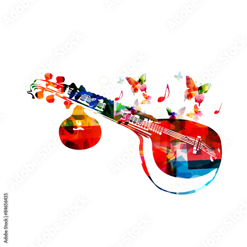 Colorful veena with butterflies, musical instrument background