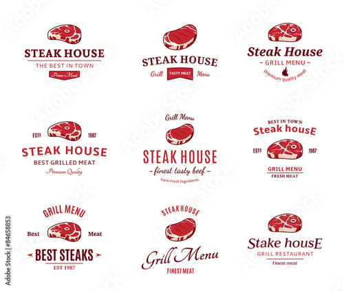 Grill Steak Logos, Labels, and Design Elements. Steaks for BBQ and Grill Steakhouse Labels
