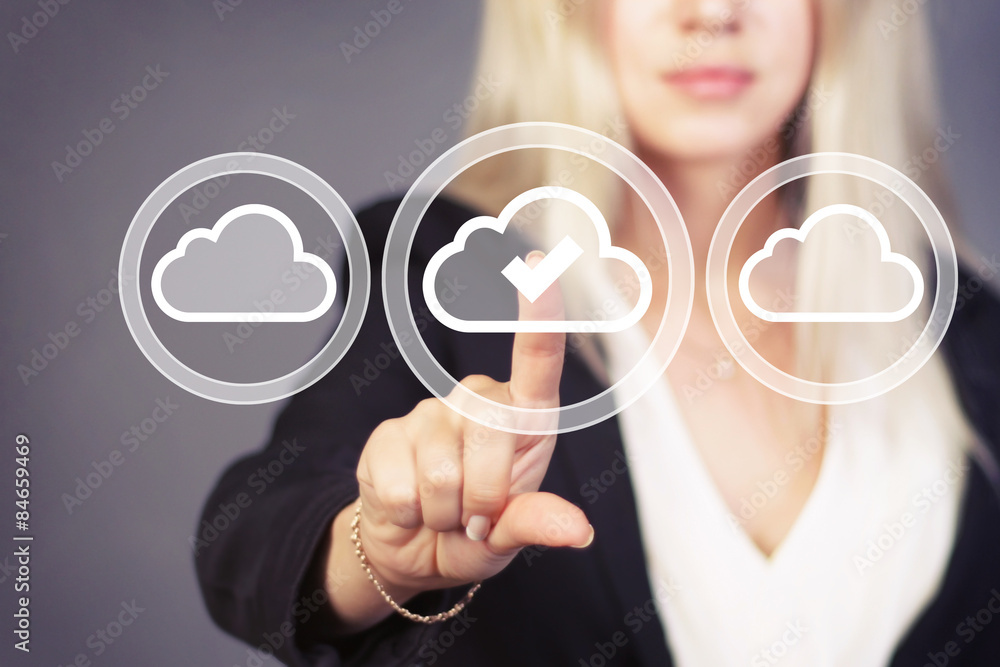 Businesswoman pushing button cloud web symbol icon Businesswoman pushing button cloud web symbol icon