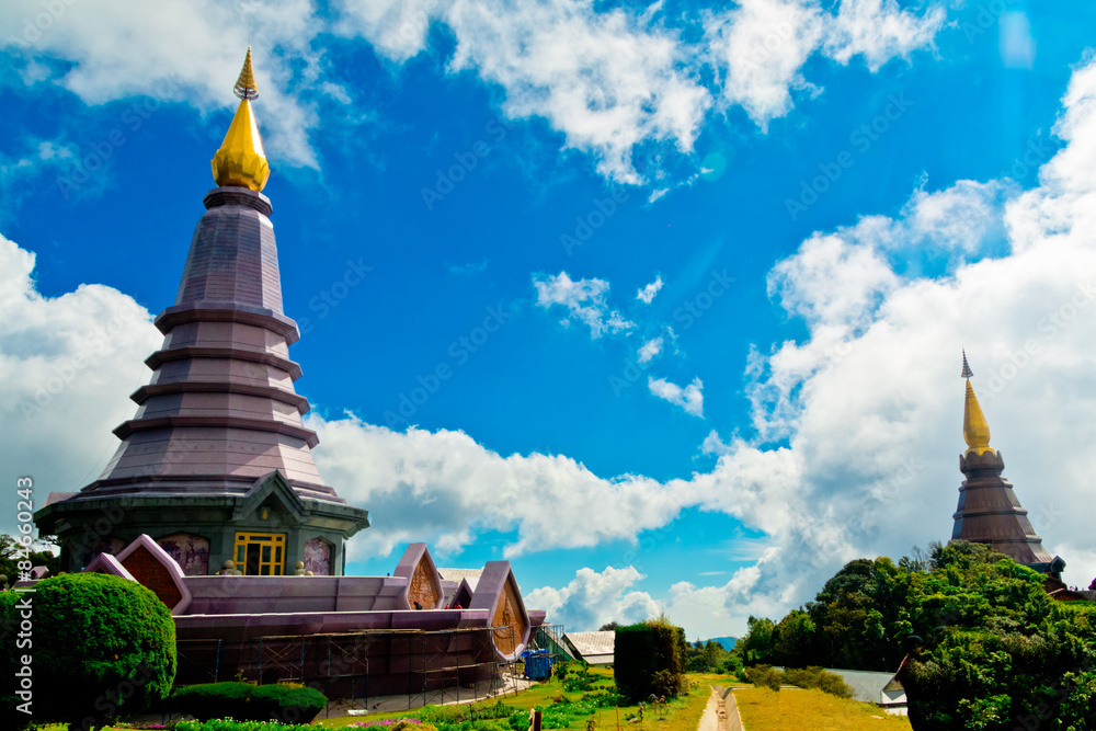 Naklejka premium Landscape of two pagodas Noppamethanedol & Noppapol Phumsiri in