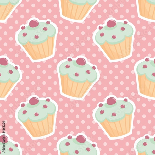 Tile vector pattern with cupcakes and polka dots on pastel pink background