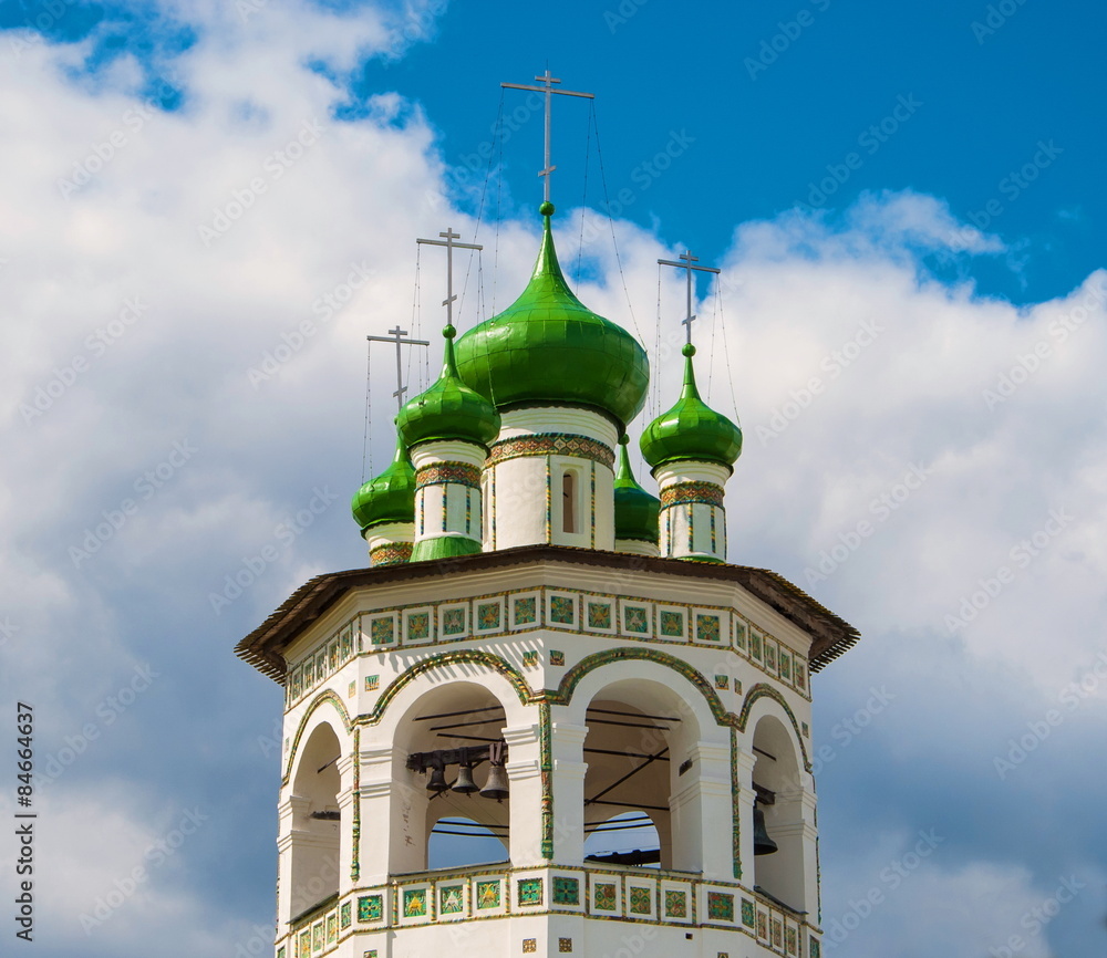 Belfry with bells in one of oldest monasteries in Veliky Novgorod