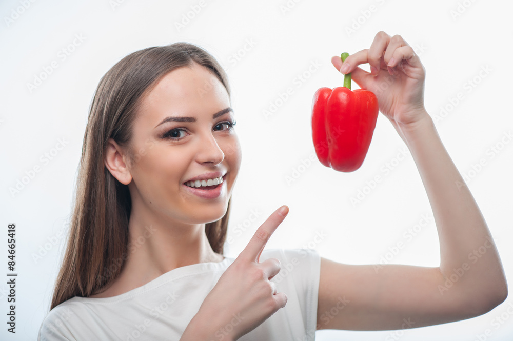 Pretty healthy girl with red tasty vegetable Pretty healthy girl with red tasty vegetable