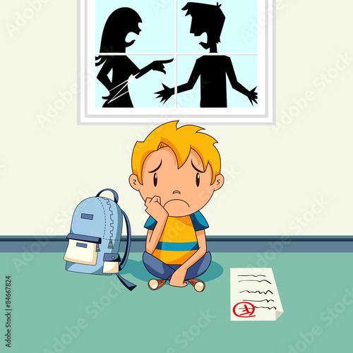 Parents arguing, sad kid, school report