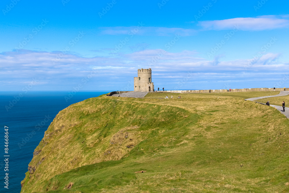 Cliffs of Moher, Ireland - April 3, 2014. O'Brien's Tower marks the highest point of the Cliffs.