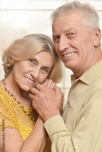 Happy elderly couple posing against