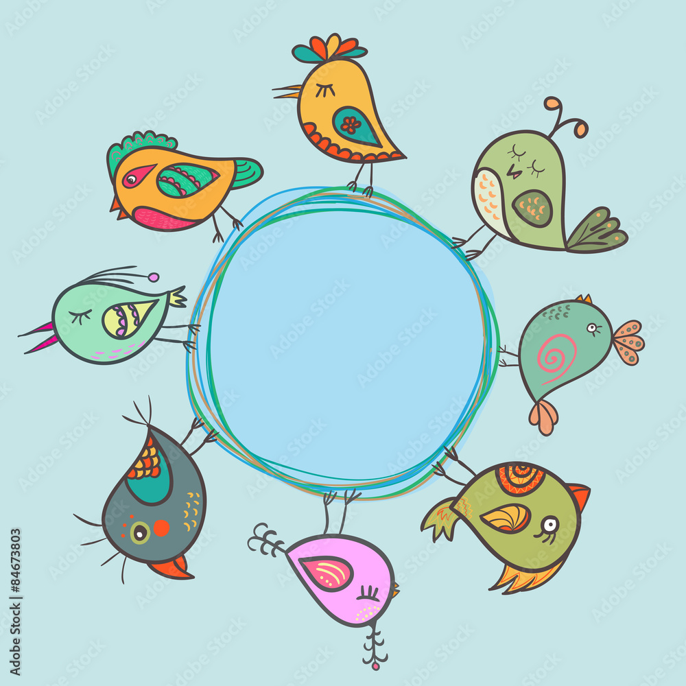 Obraz premium Birds cartoon card. Circle frame.