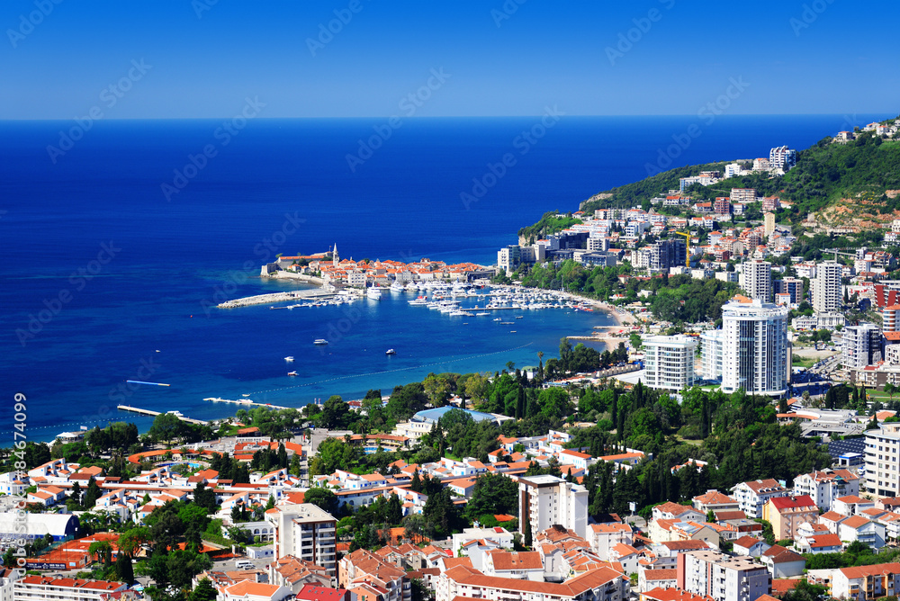 Aerial view of Budva, Montenegro on Adriatic coast